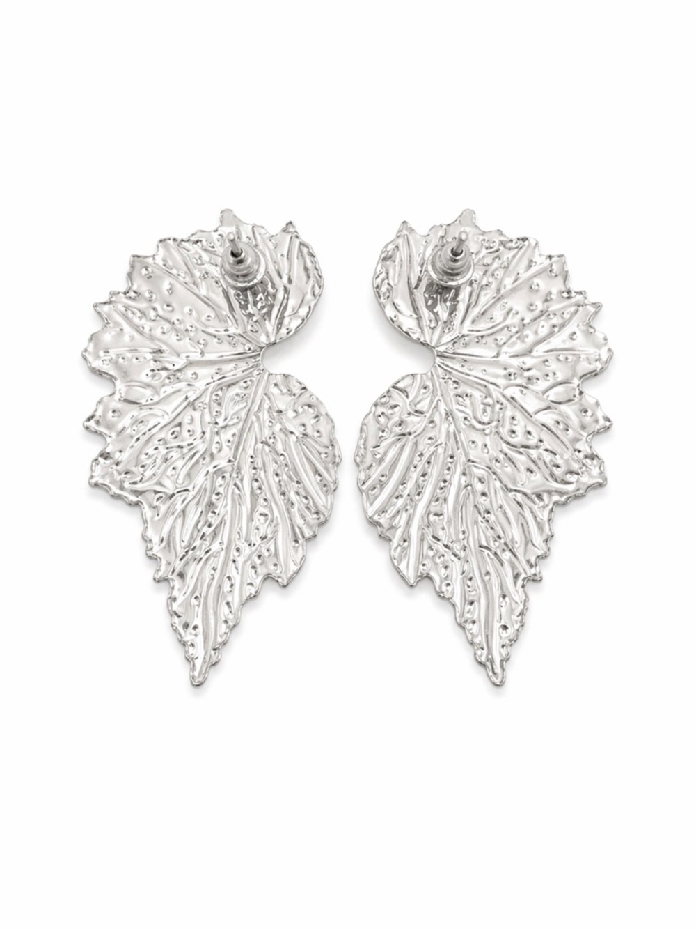 Silver Textured Leaf Statement Stud Earrings Botanical Vein Design - Picture 4 of 4